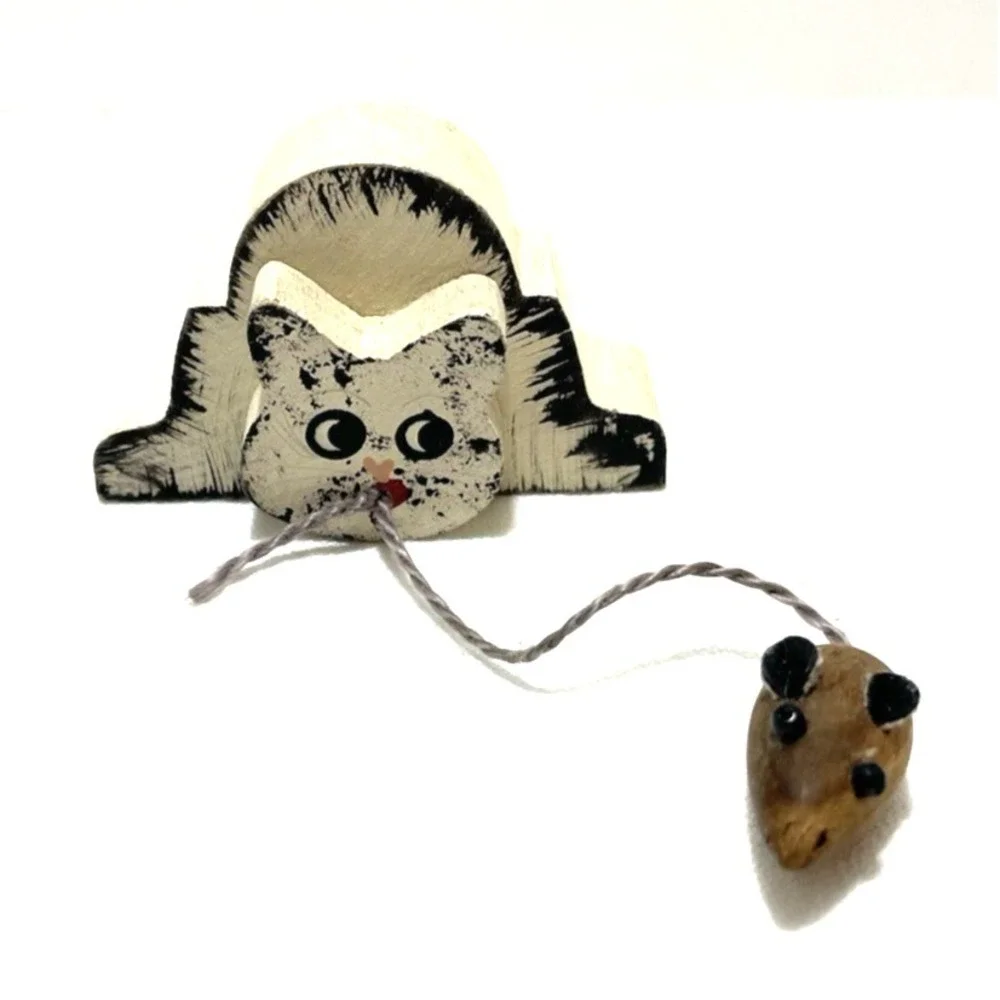 Handmade Wood Painted Cat & Mouse Country Primitive Folk Art Kitchy Farmhouse